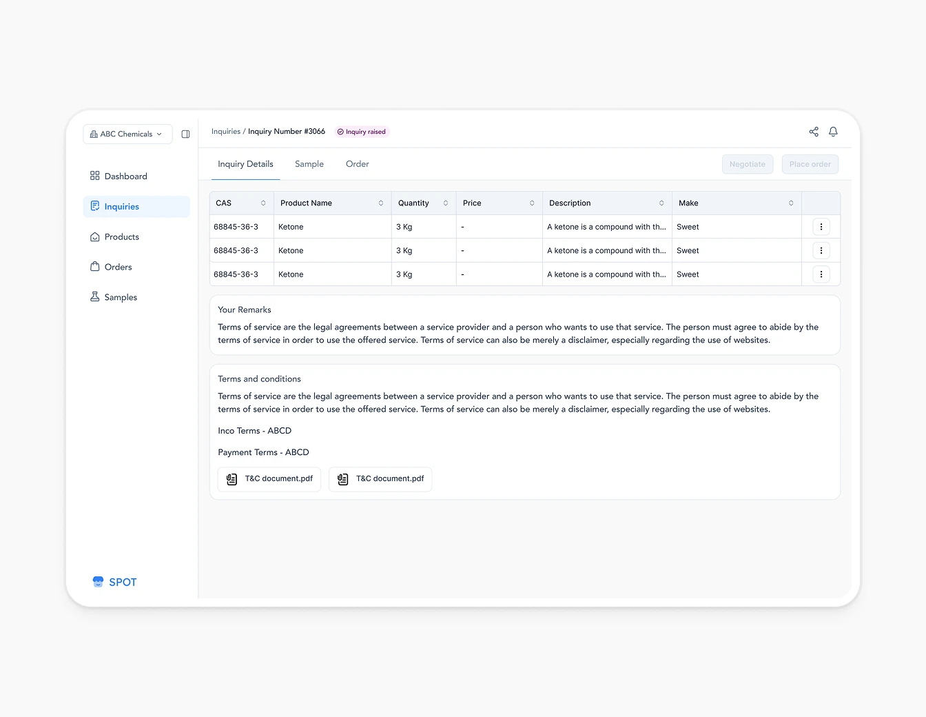 Spot Inquiry Details Terms Negotiate Modal