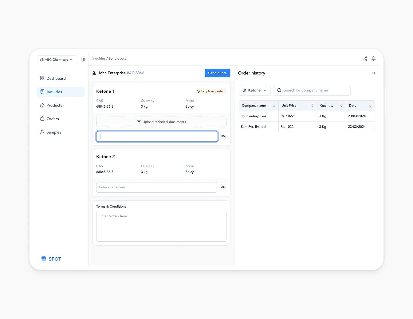 Spot Send Quote Inquiry Order History