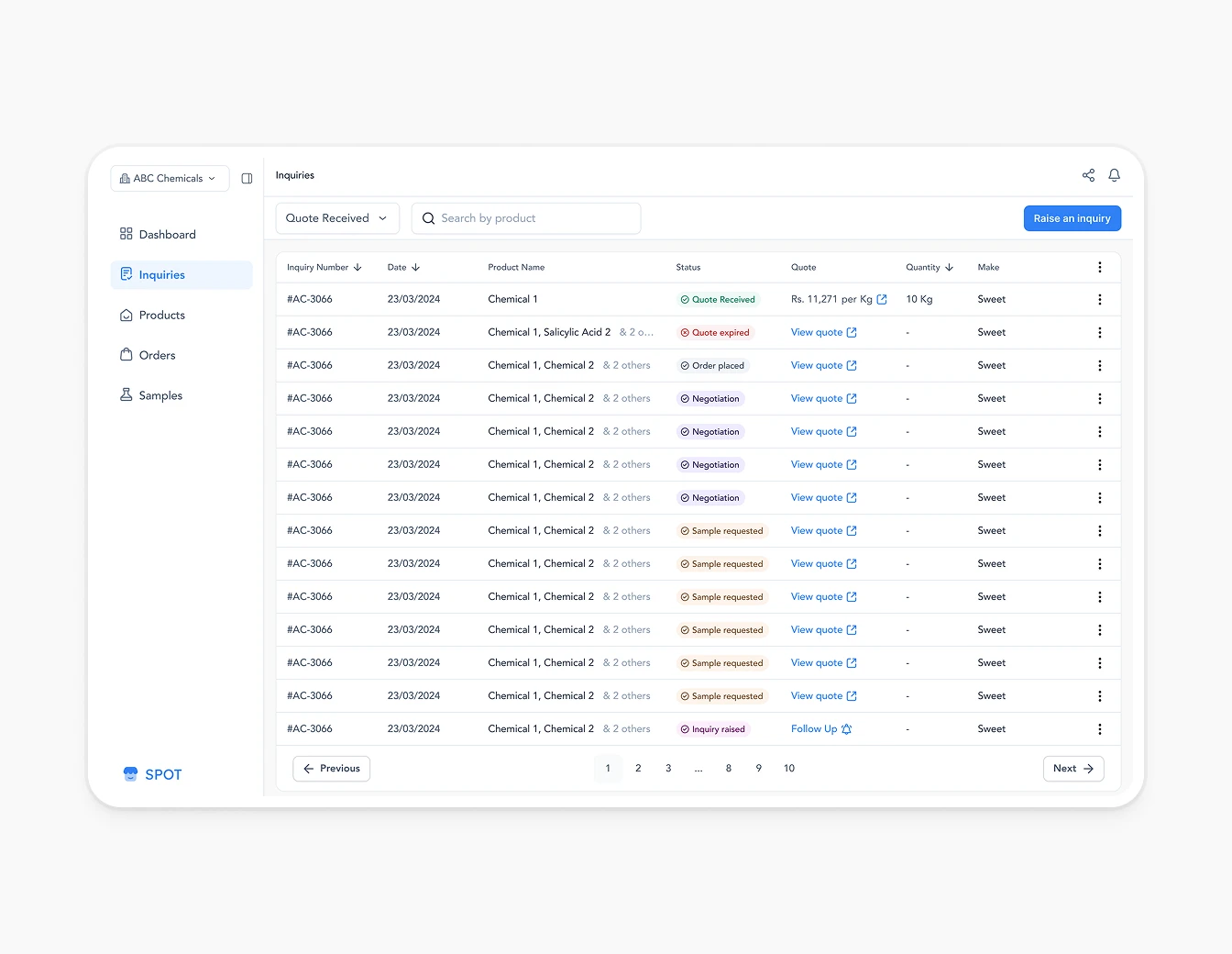 Spot Inquiries Filtered Status Quote View