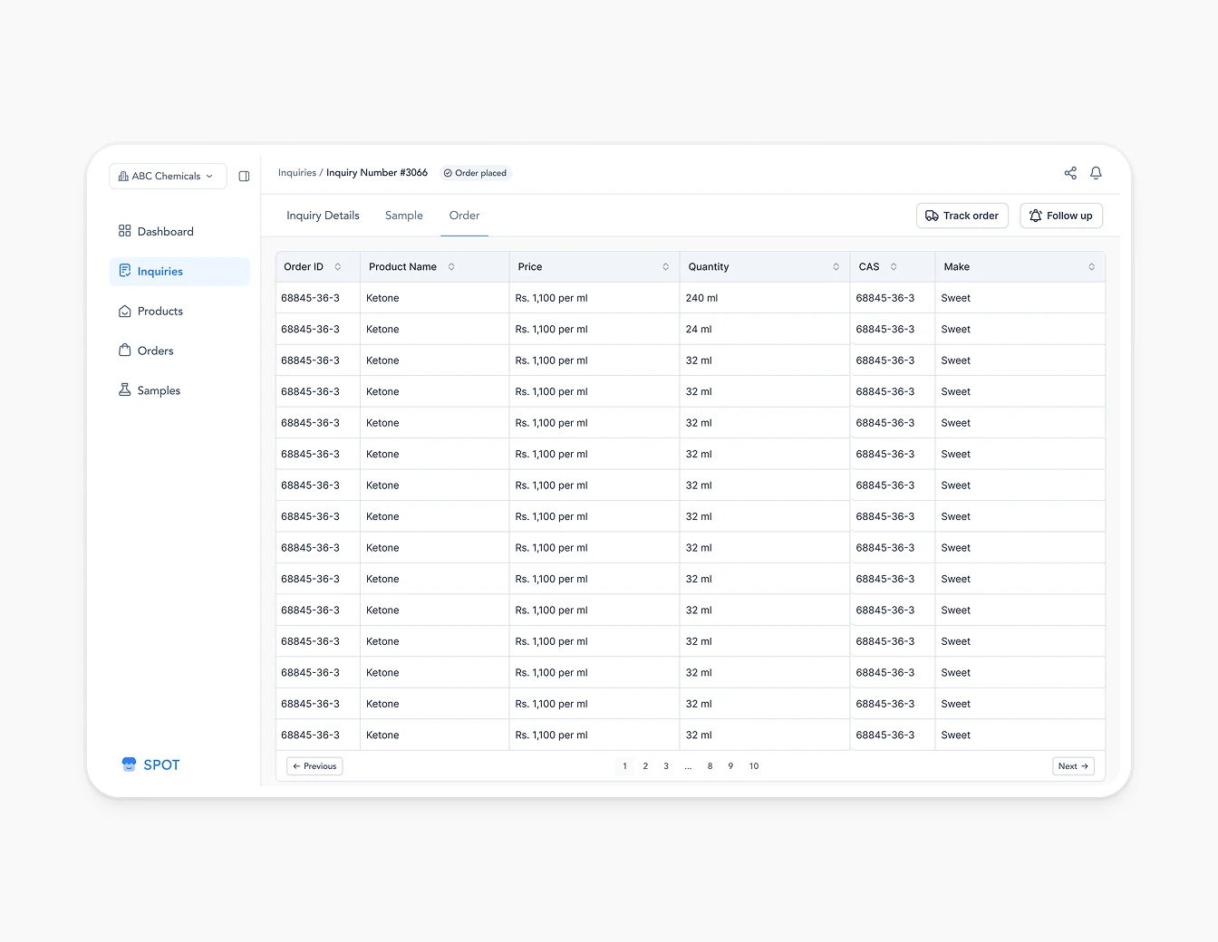 Spot Inquiry Order Table Paginated View