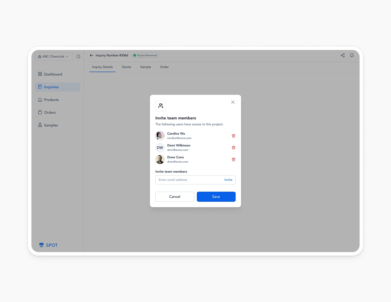 Spot Invite Team Members Modal Dialog