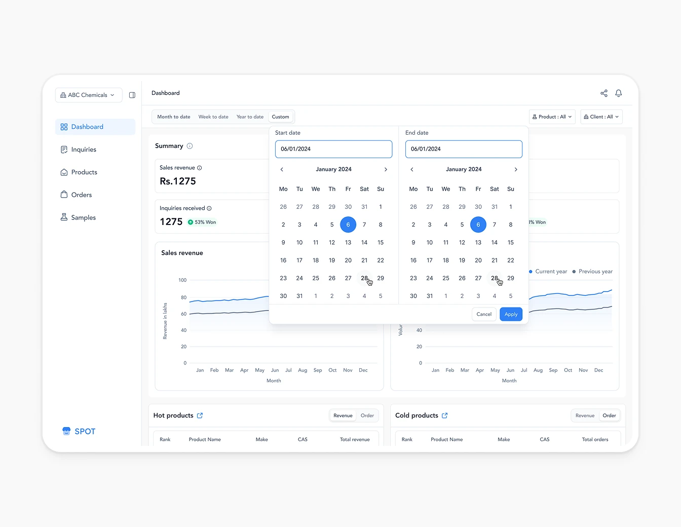 Spot Dashboard Calendar Date Range Picker