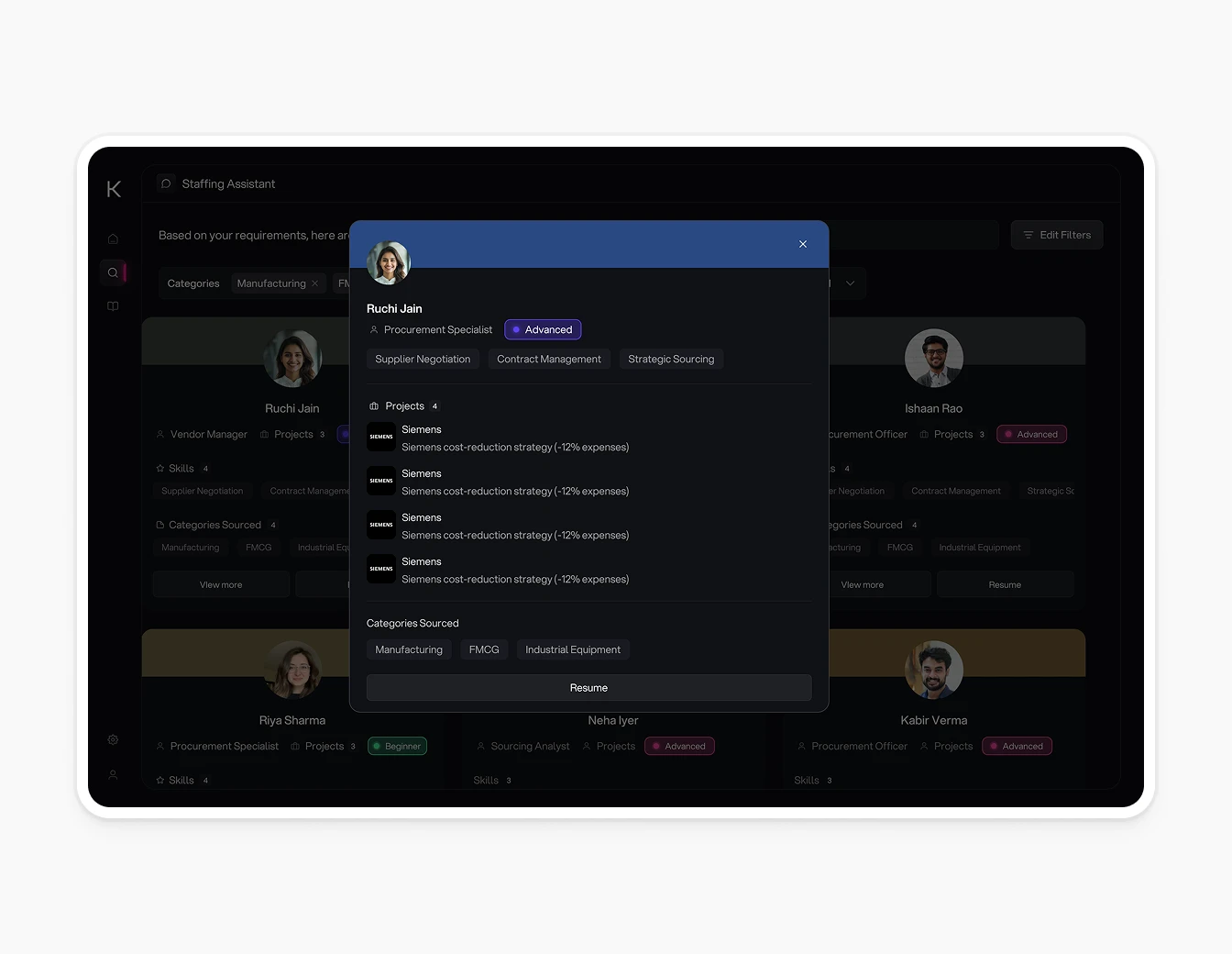 AT Kearney Staffing Assistant User Profile Modal