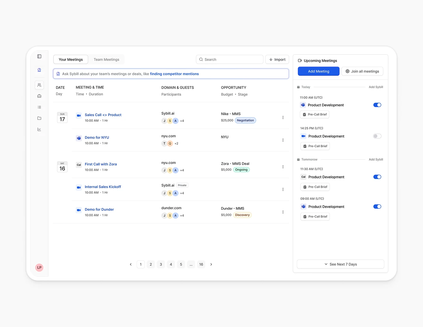 Sybill Meetings Redesign Upcoming Calendar