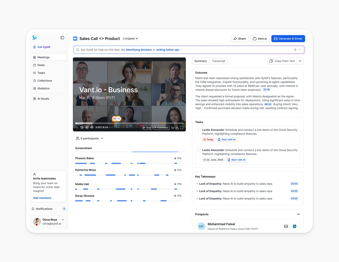 Sybill Sales Call Recording Summary View