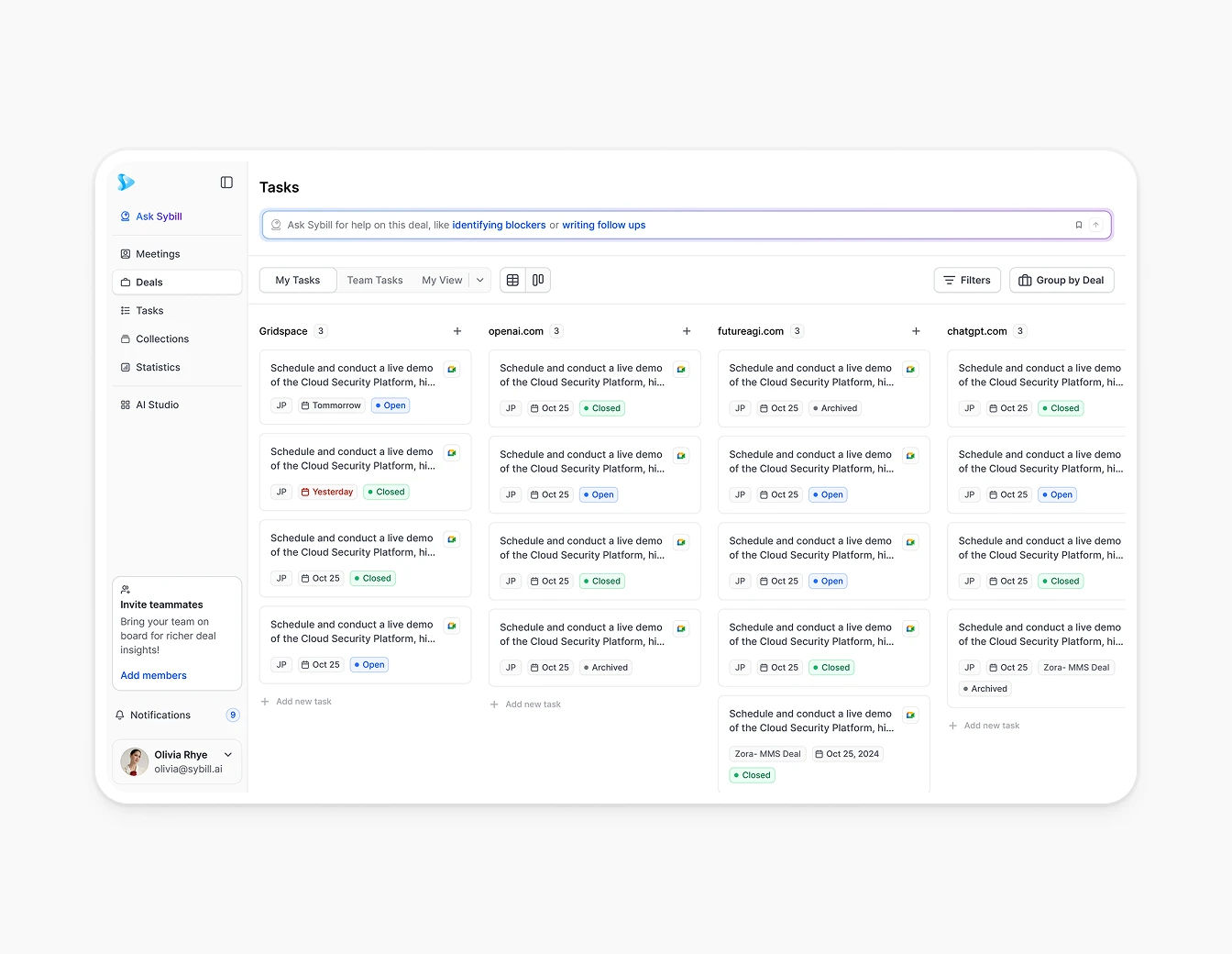 Sybill Tasks Kanban Board Card View