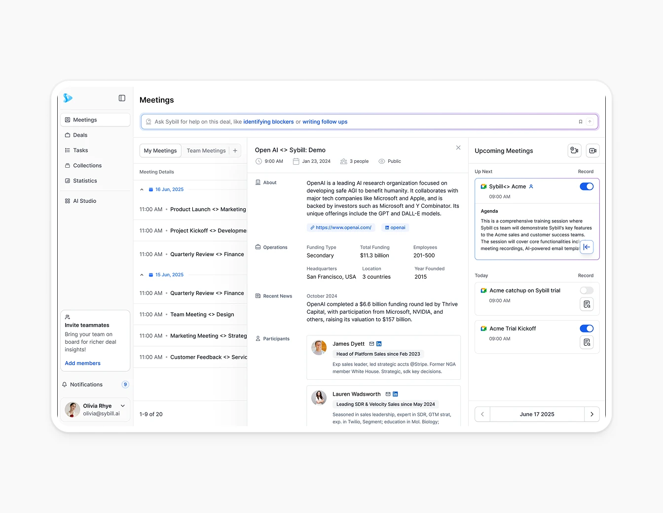 Sybill AI Meetings Dashboard Calendar View