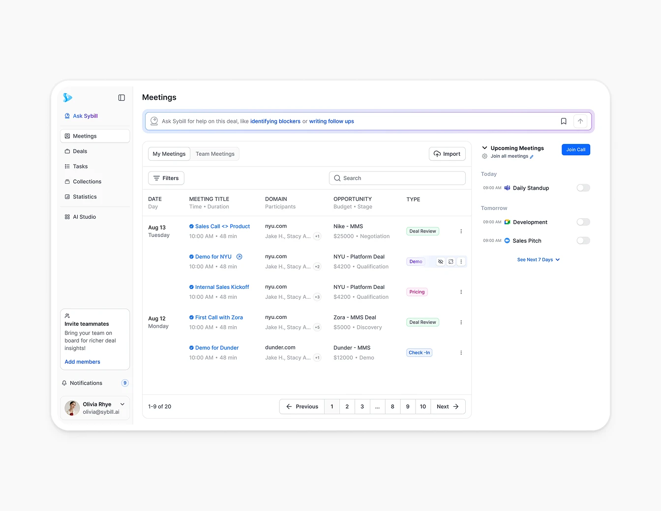 Sybill Meetings Full Sidebar Upcoming Panel