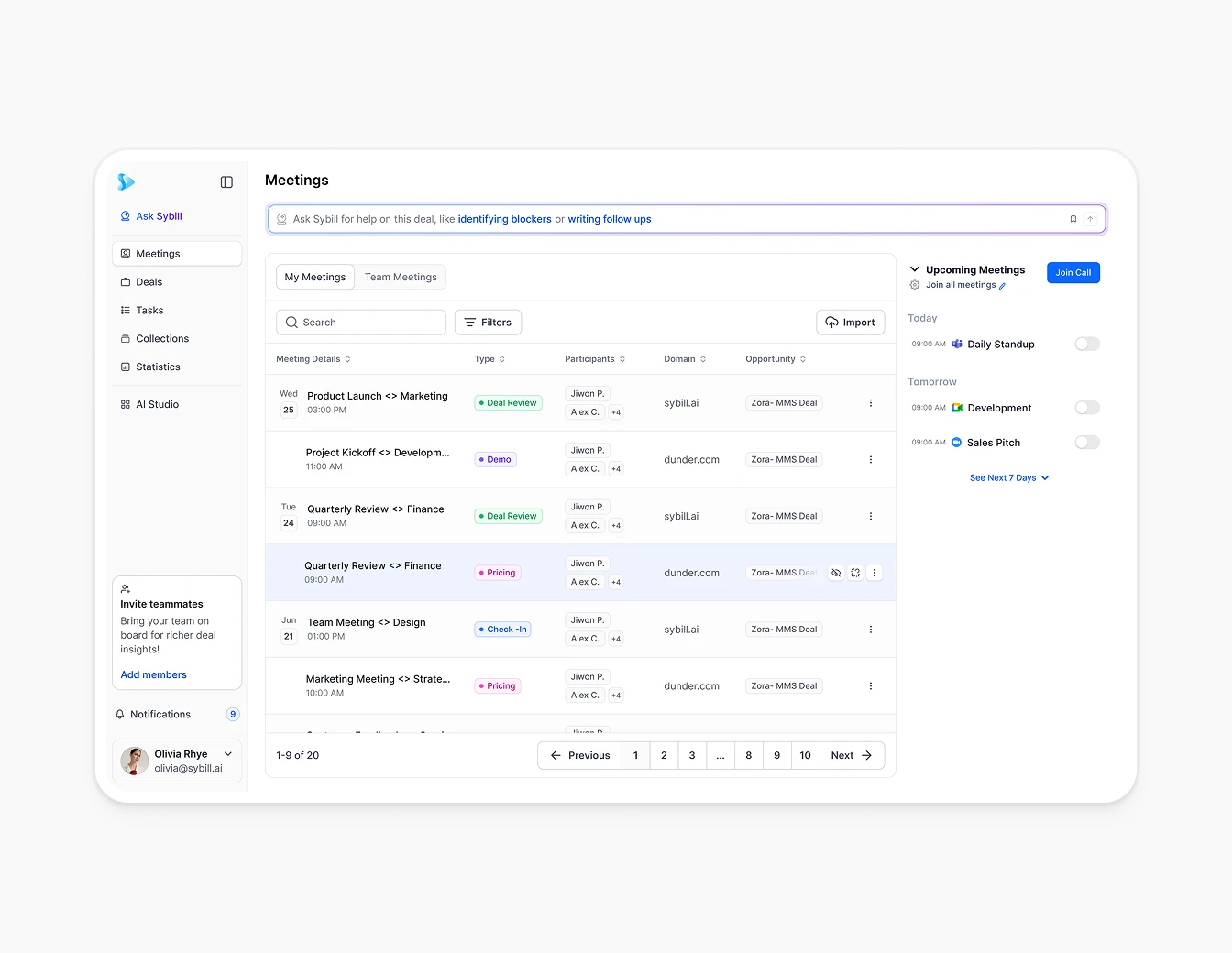 Sybill Meetings Table Search Filter View