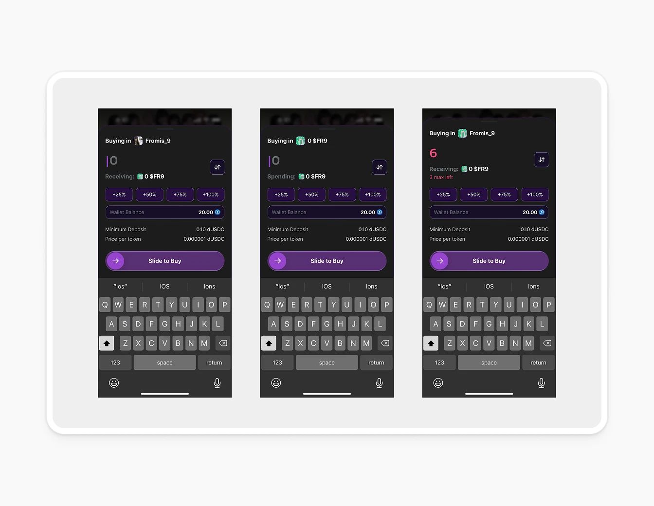 Thrust Mobile Token Buy Slide Variations