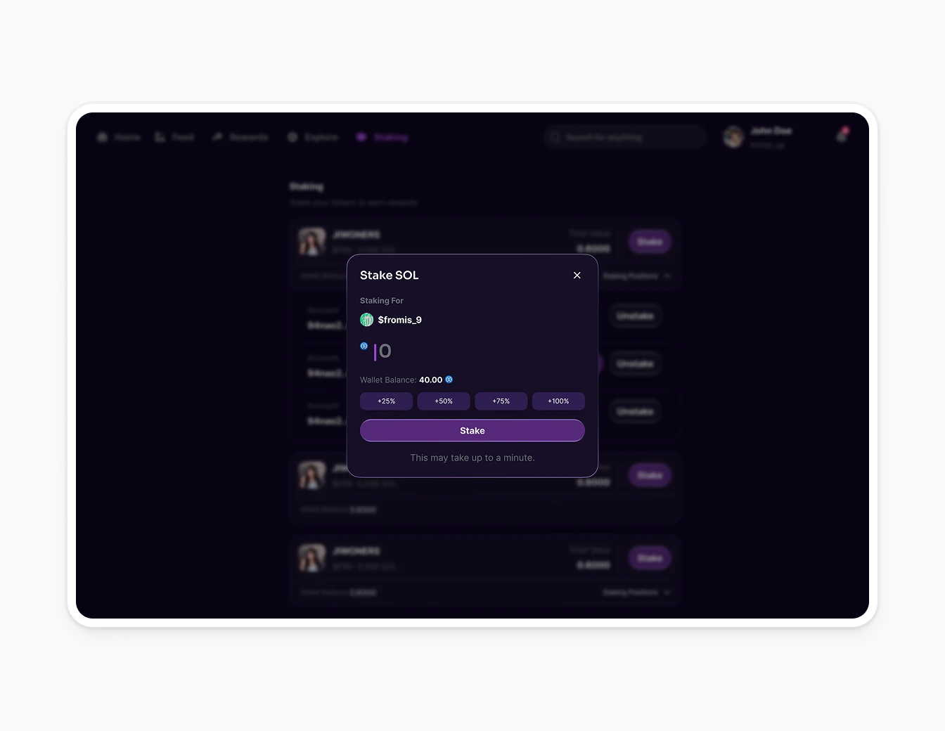 Thrust Staking Stake SOL Modal Dark