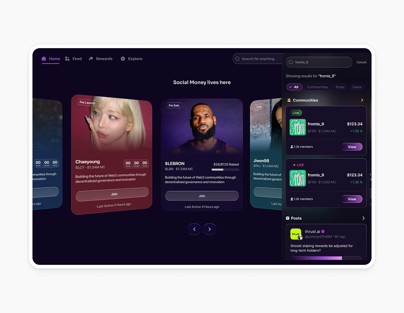 Thrust Dashboard Home Feed Dark