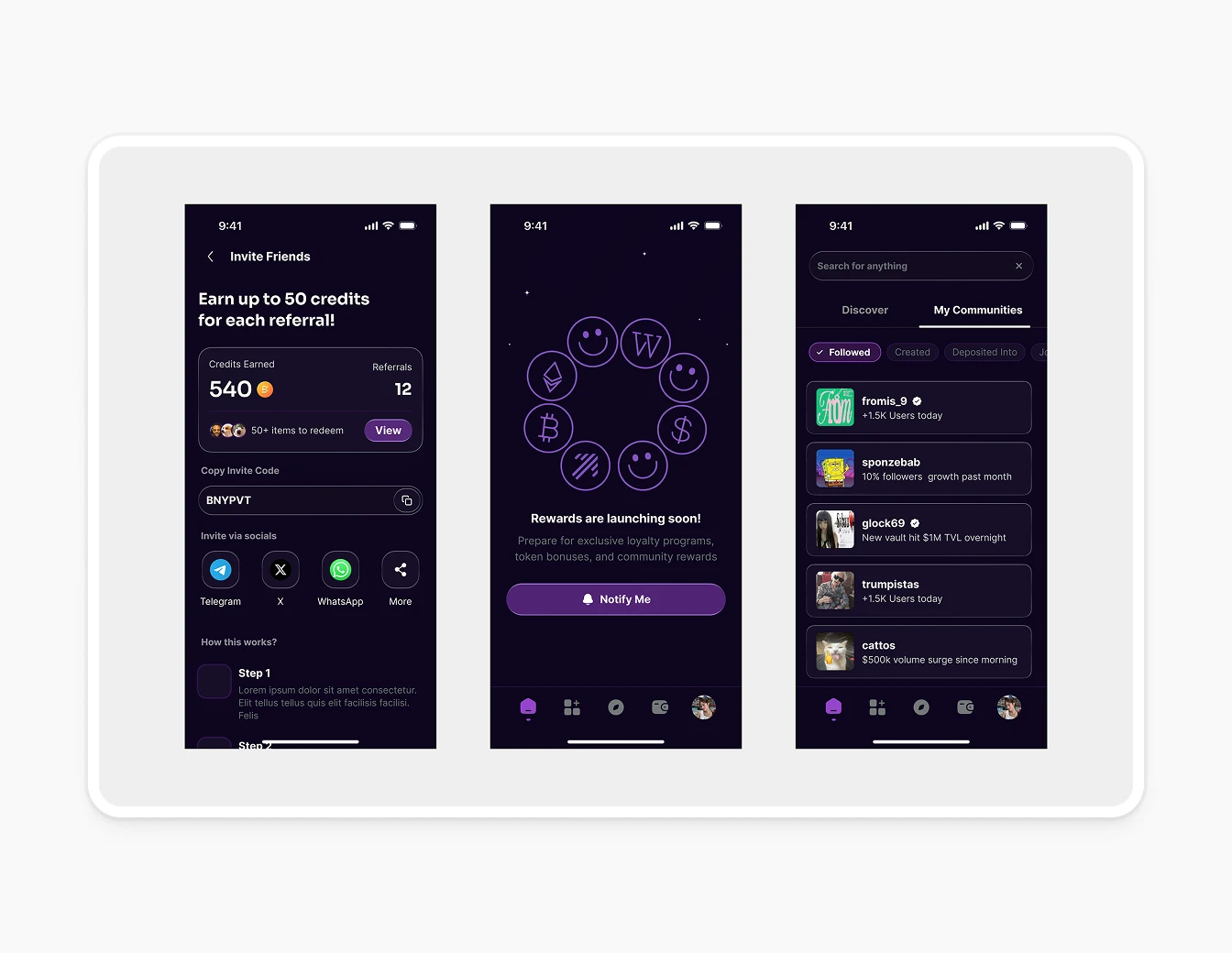 Thrust Mobile Invite Rewards Discover Screens
