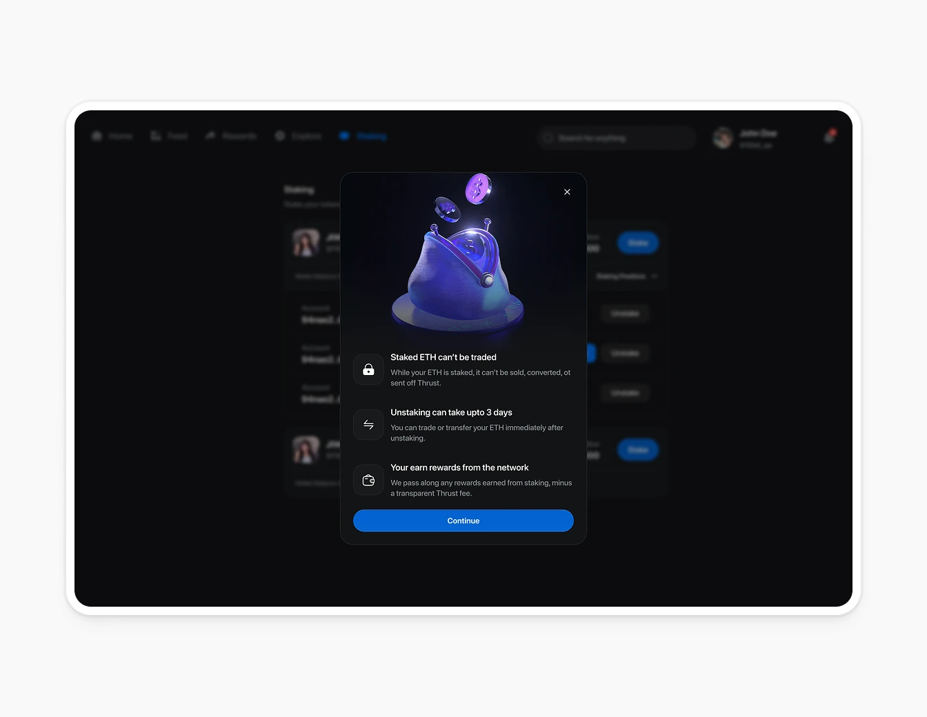 Thrust Staking Info 3D Blue ETH Modal