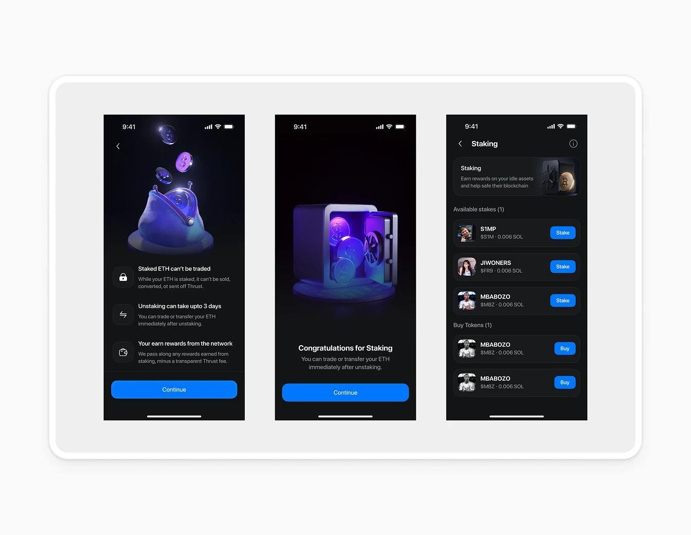 Thrust Mobile Staking Info Success Screens