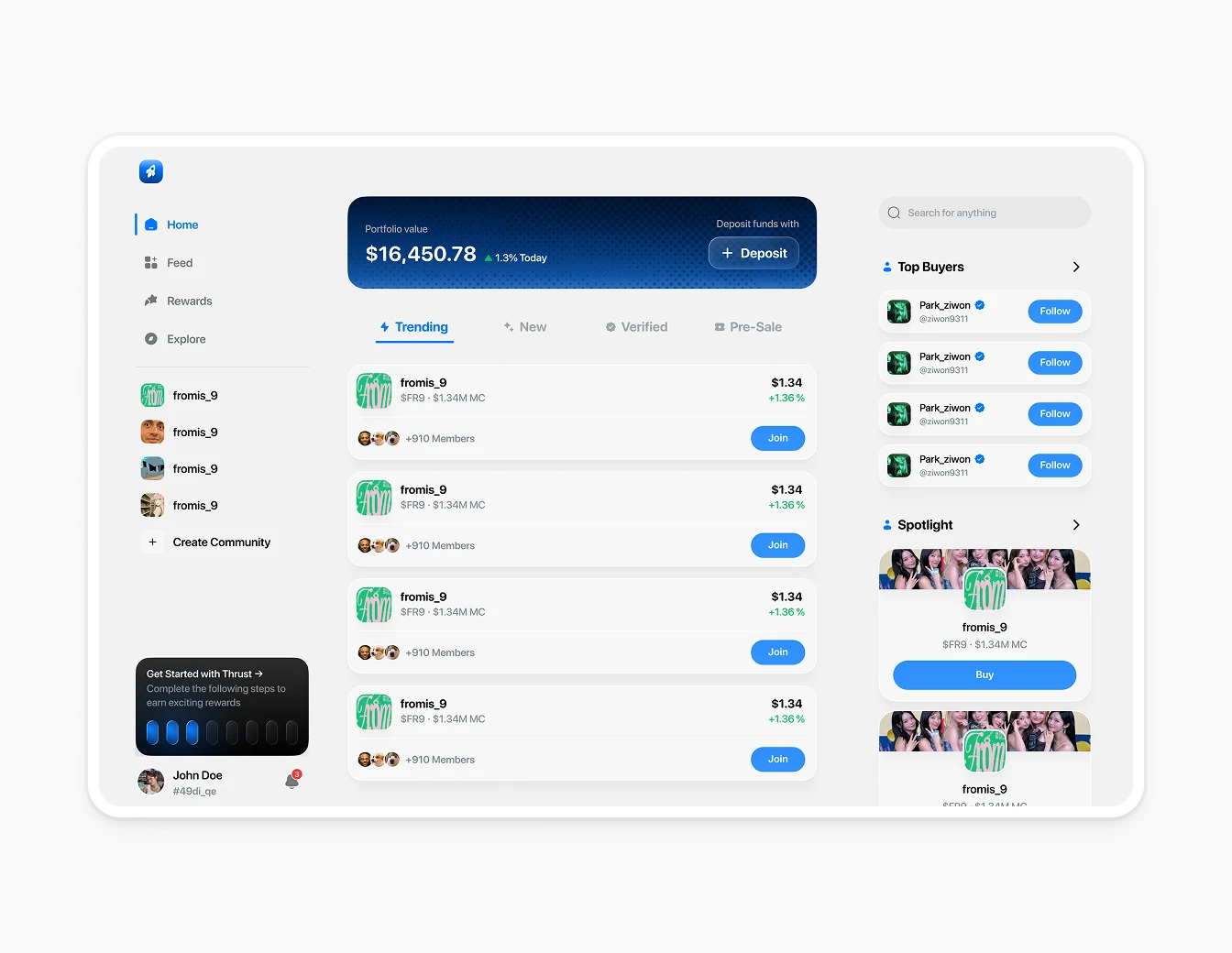 Thrust Home Dashboard Light Trending Tokens