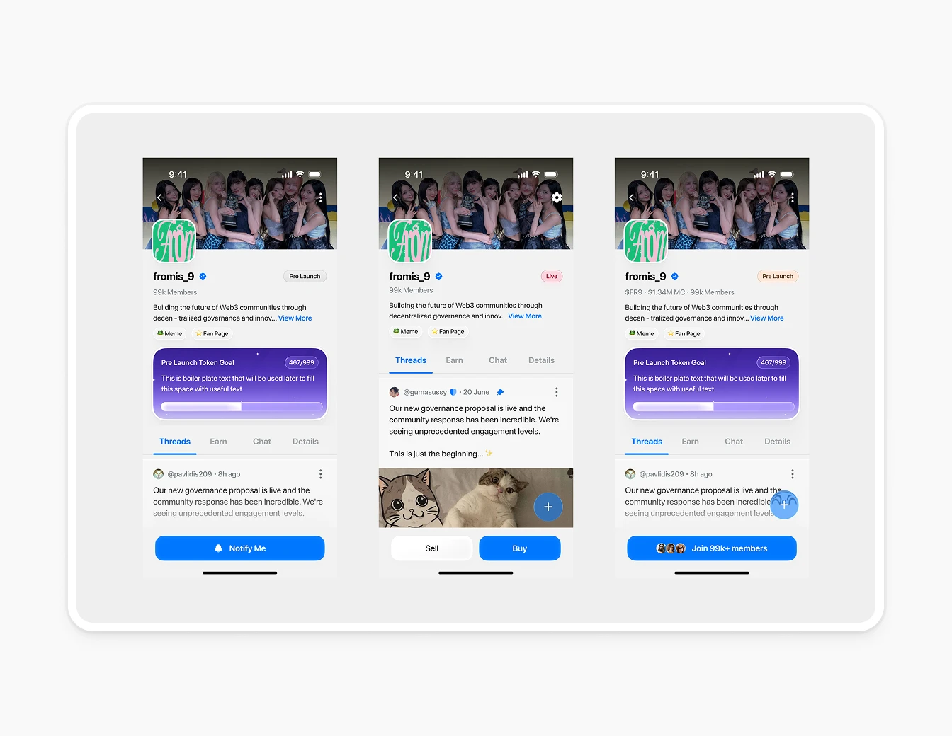 Thrust Mobile Community Feed Token Screens