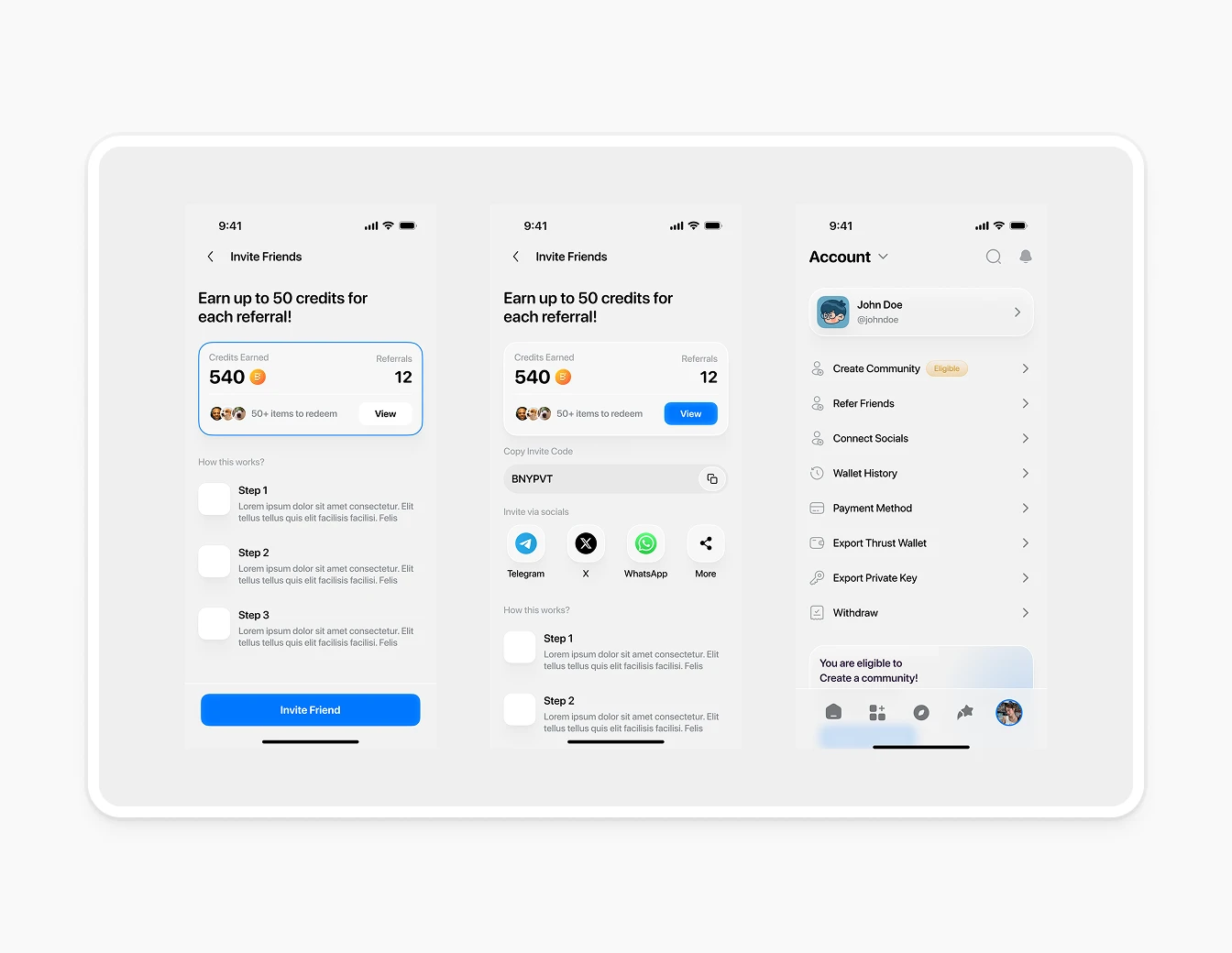 Thrust Mobile Invite Referral Account Screens