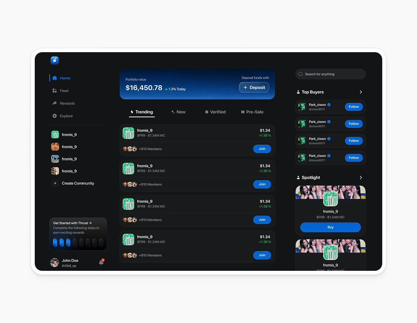 Thrust Home Dashboard Dark Trending Tokens