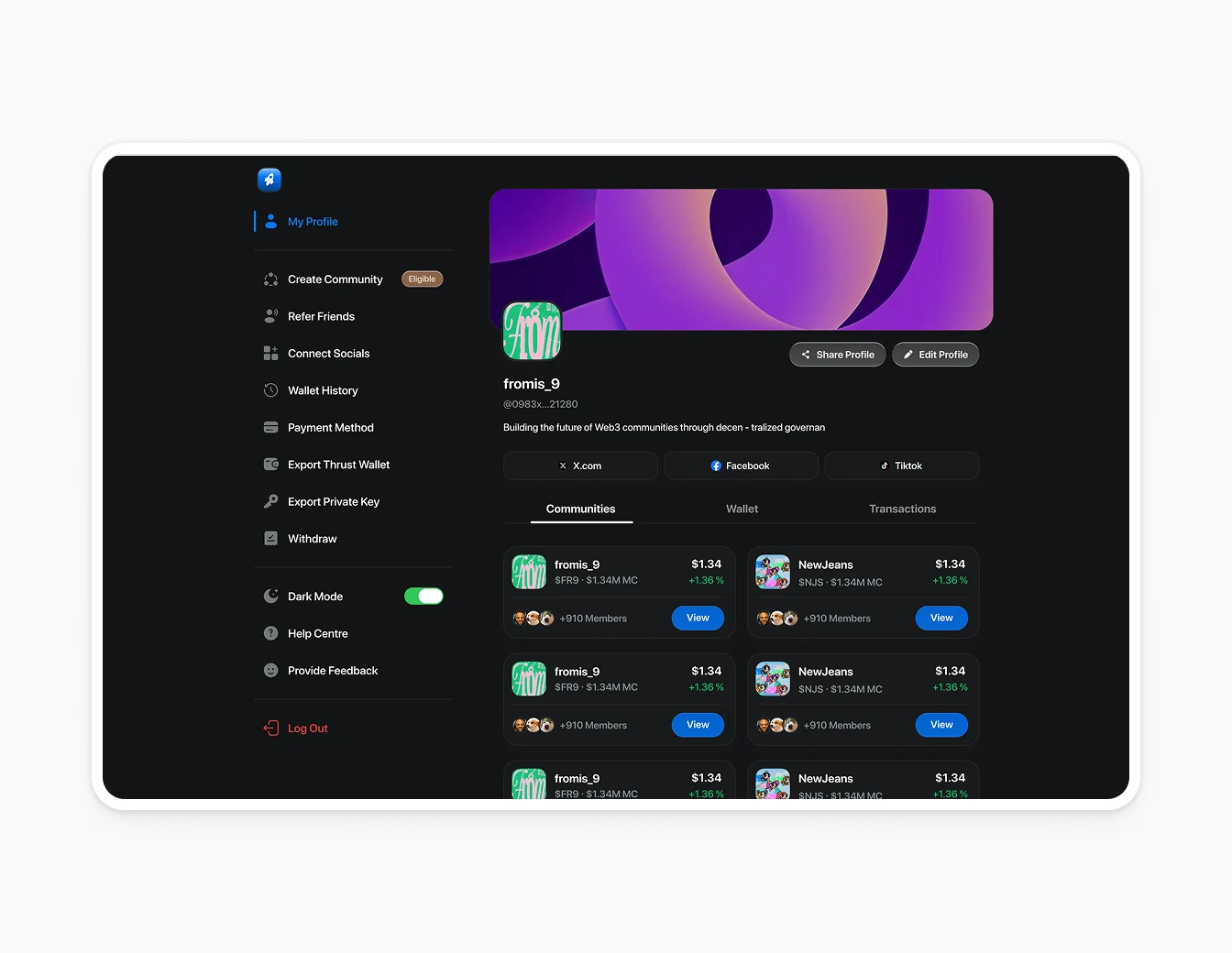 Thrust My Profile Dark Communities Tokens