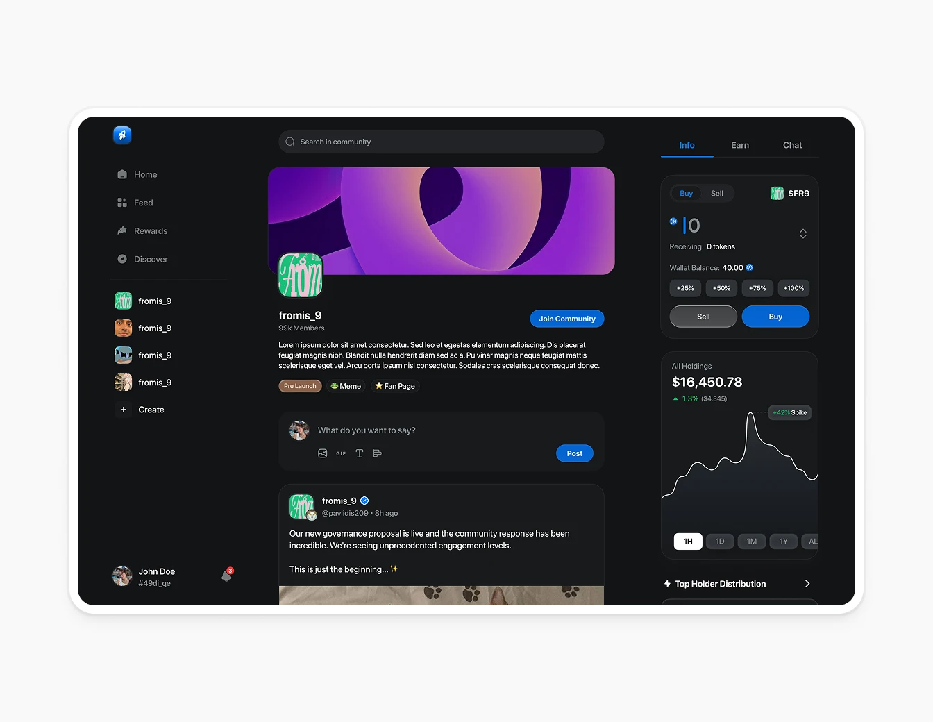 Thrust Community Creator Page Dark Feed