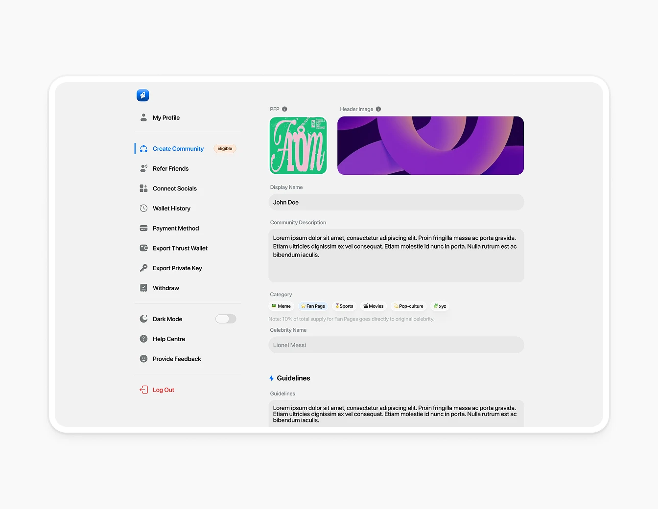 Thrust Create Community Form Light Settings