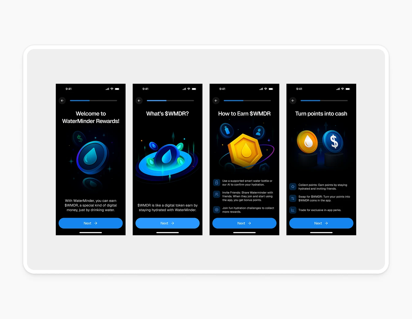 Waterminder Rewards Onboarding Dark Screens