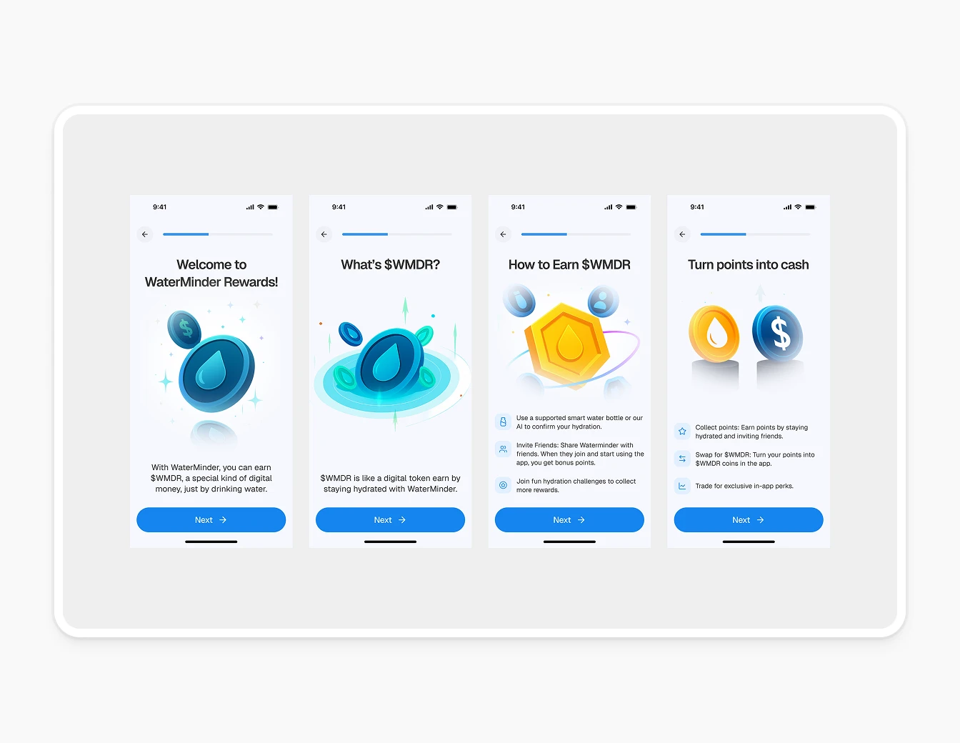 Waterminder Rewards Onboarding Light Screens