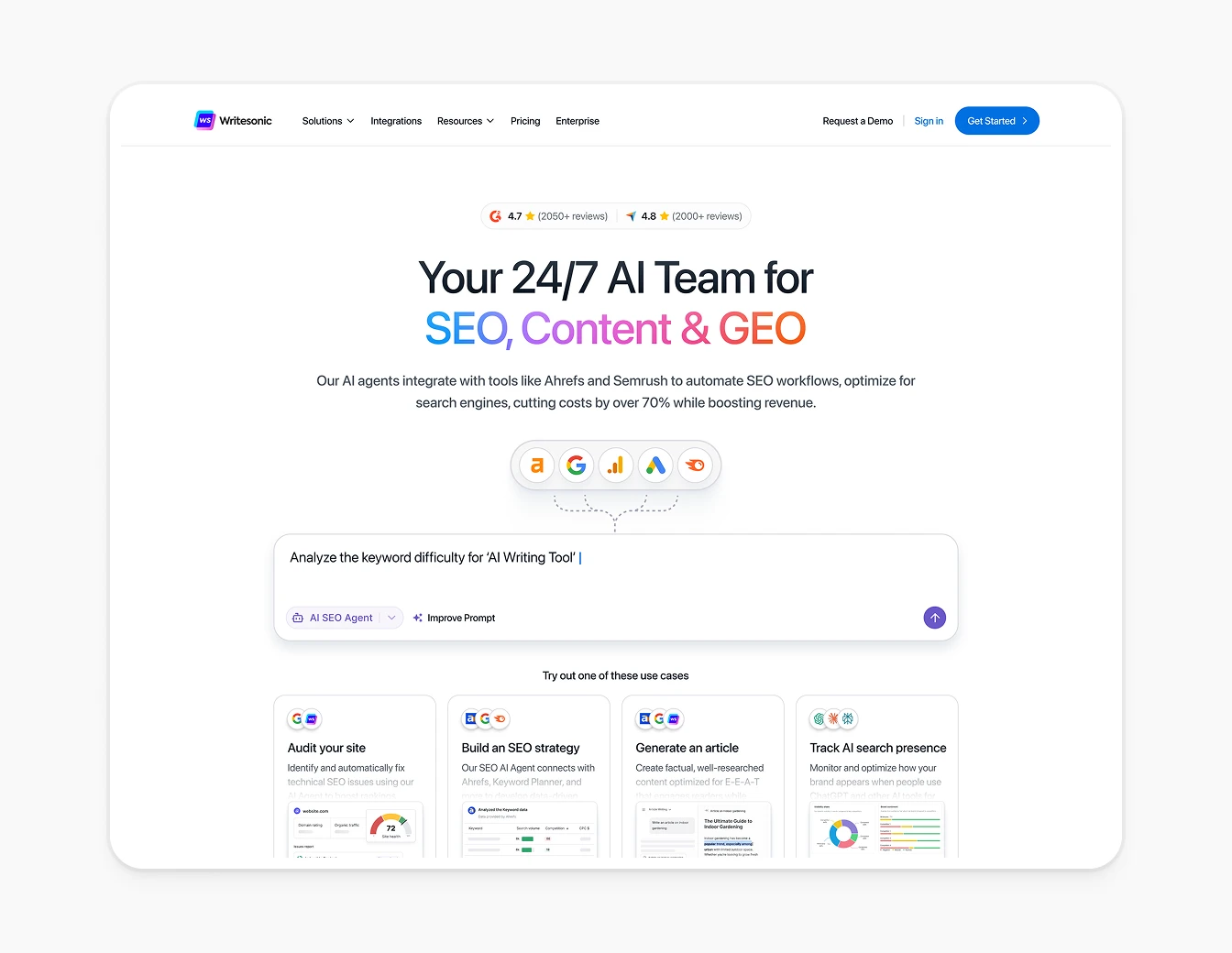 Writesonic Hero AI SEO Content GEO Logos