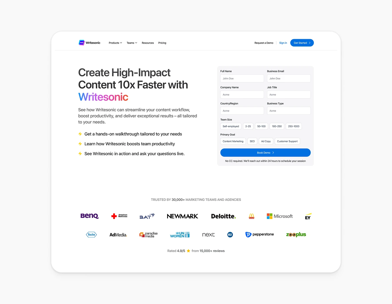 Writesonic Book Demo Lead Capture Form