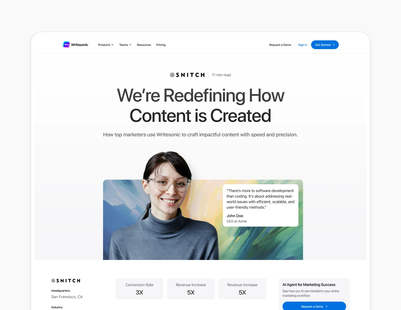 Writesonic Case Study Snitch Hero Page