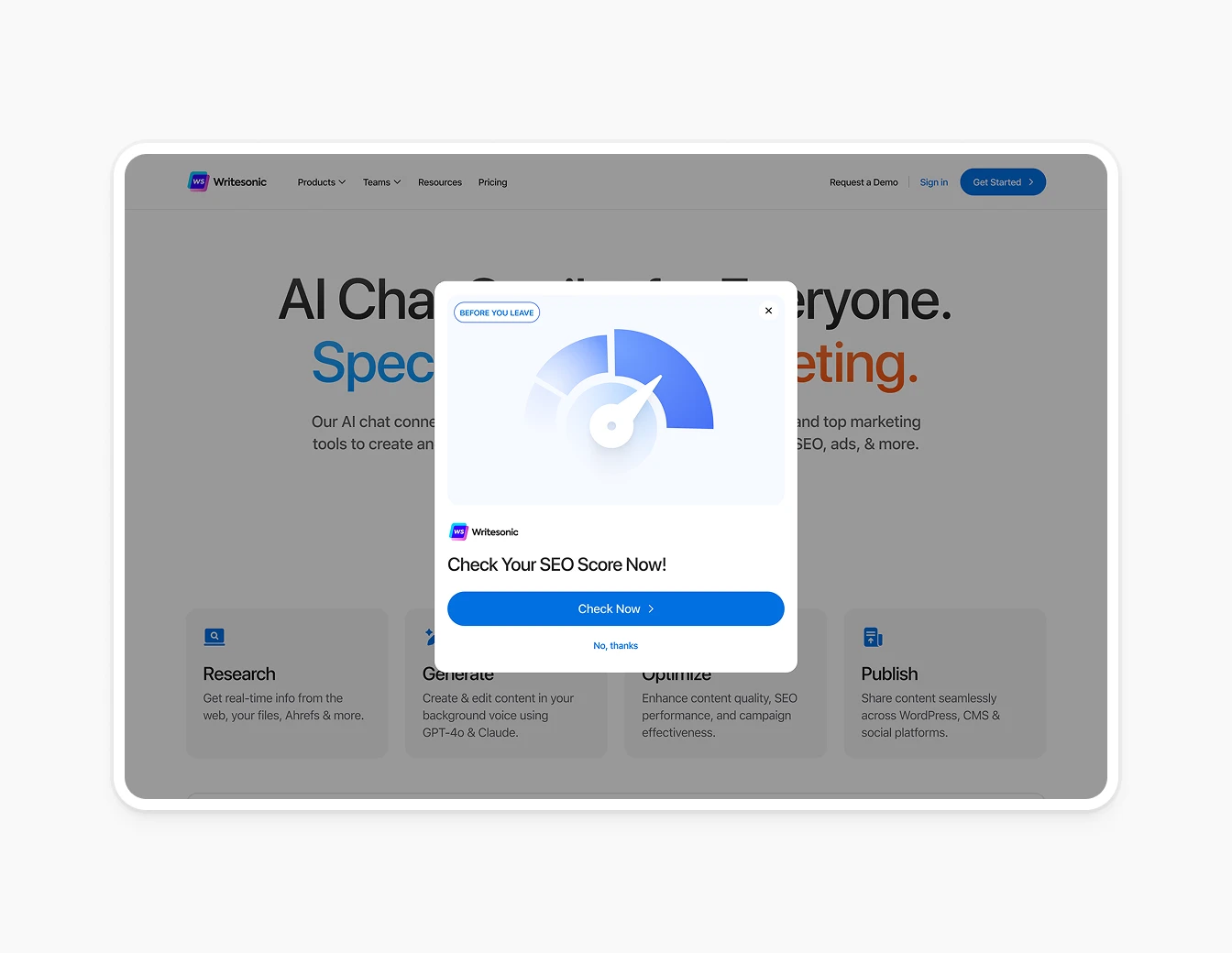 Writesonic Exit Intent SEO Score Popup