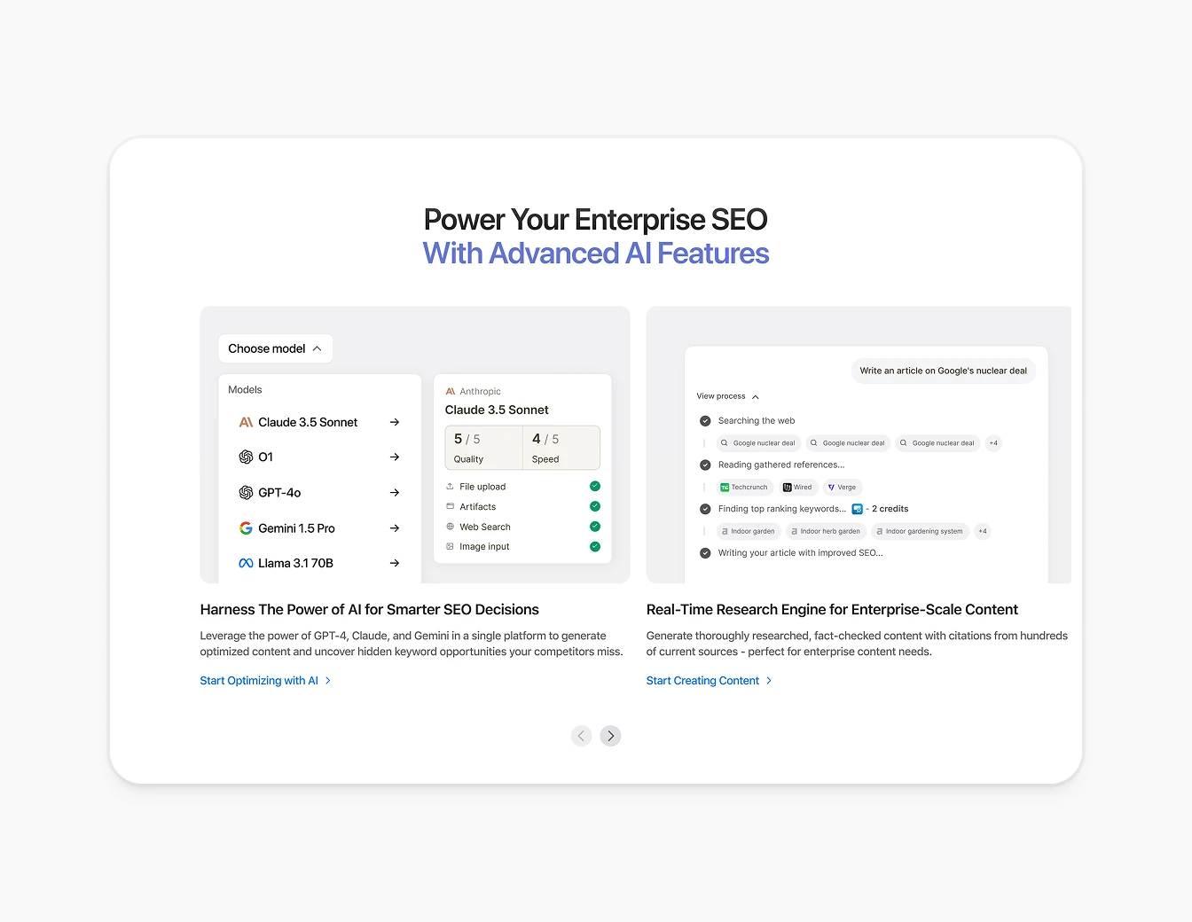 Writesonic Enterprise SEO AI Features Cards