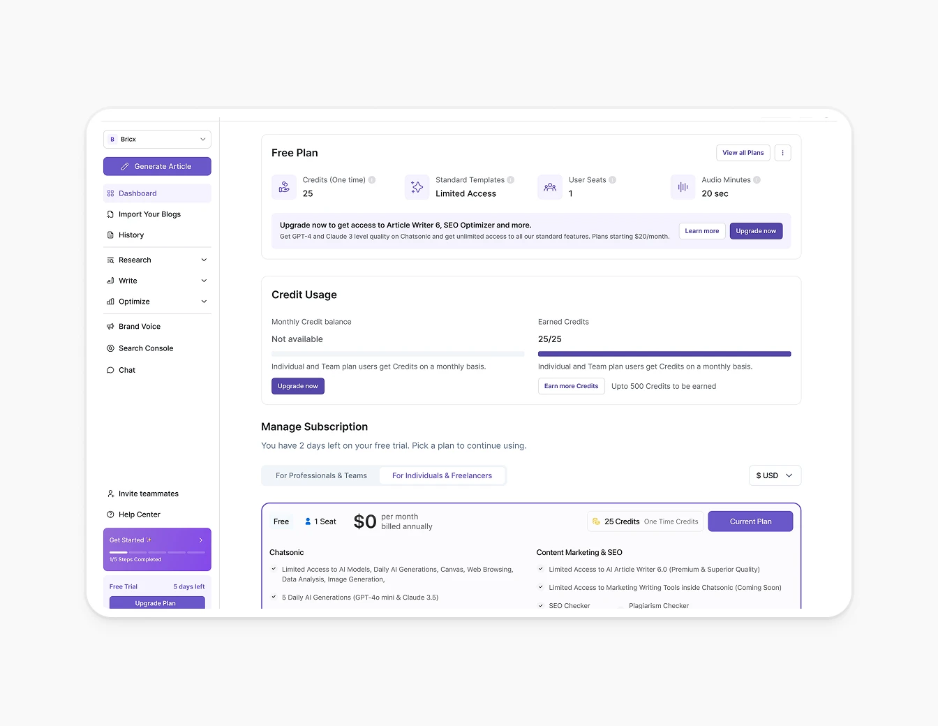Writesonic Dashboard Billing Subscription