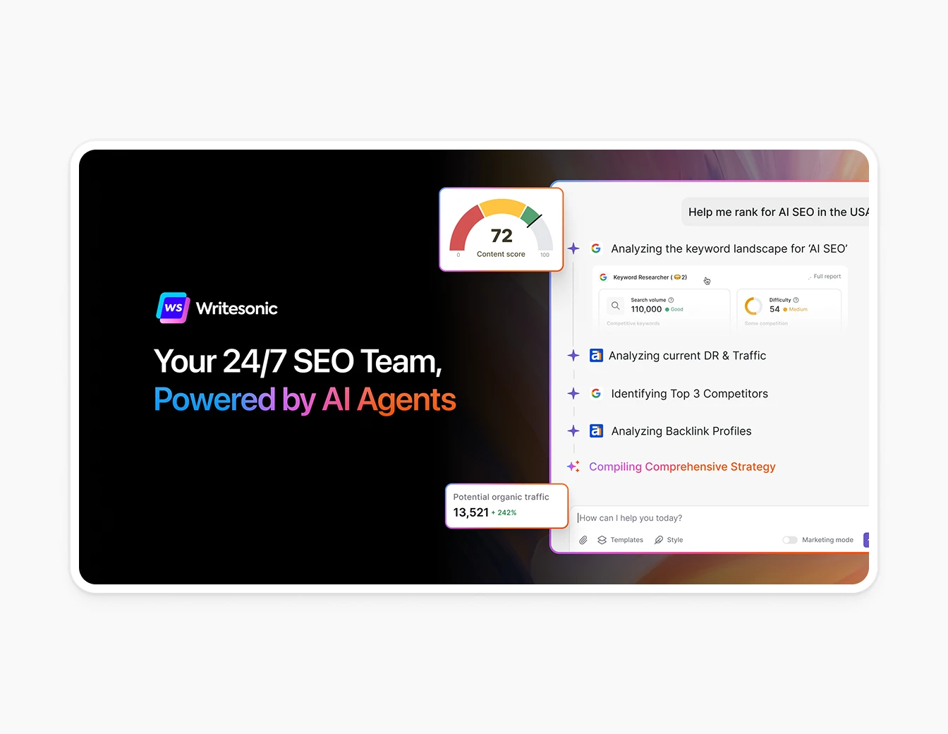 Writesonic Dark Hero SEO AI Agent Dashboard