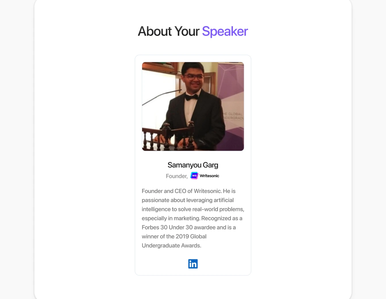 Writesonic Founder Speaker About Section